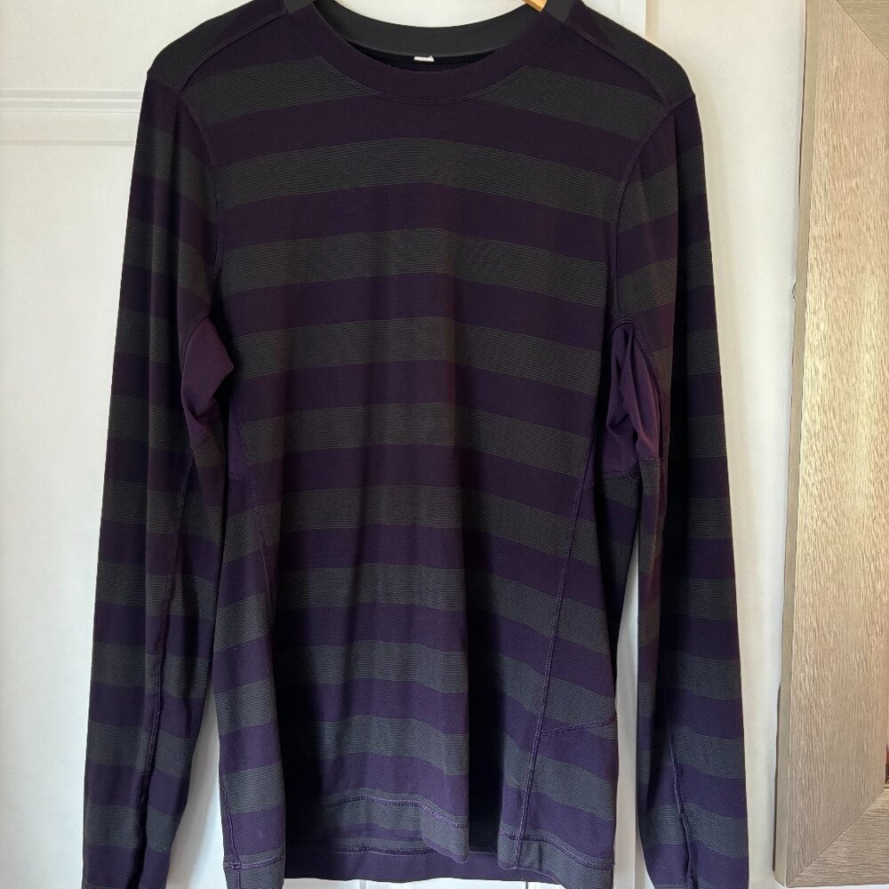 Lululemon Mens Medium Gray and Purple Stripe Crew Neck Long Sleeve Rulu Shirt